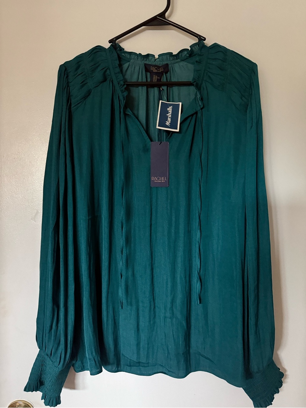 RACHEL Rachel Roy Teal Peasant Blouse with Tie Neck